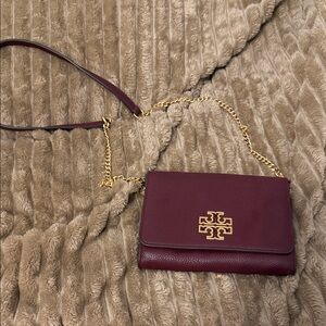 Tory Burch Wine Crossbody Bag with Gold Chain